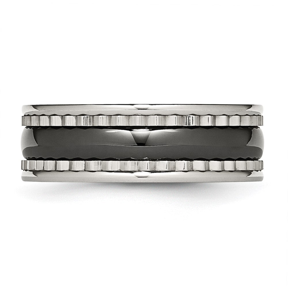Stainless Steel With Sawtooth Accent & Black Ceramic Center Band