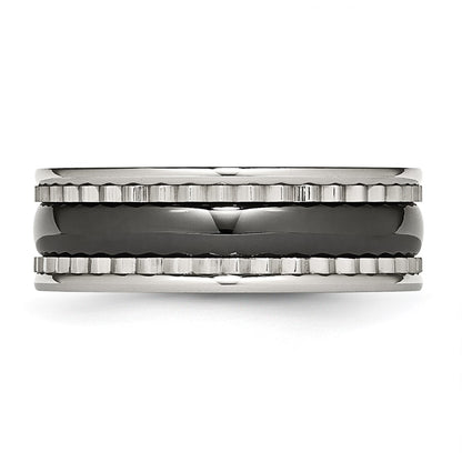 Stainless Steel With Sawtooth Accent & Black Ceramic Center Band