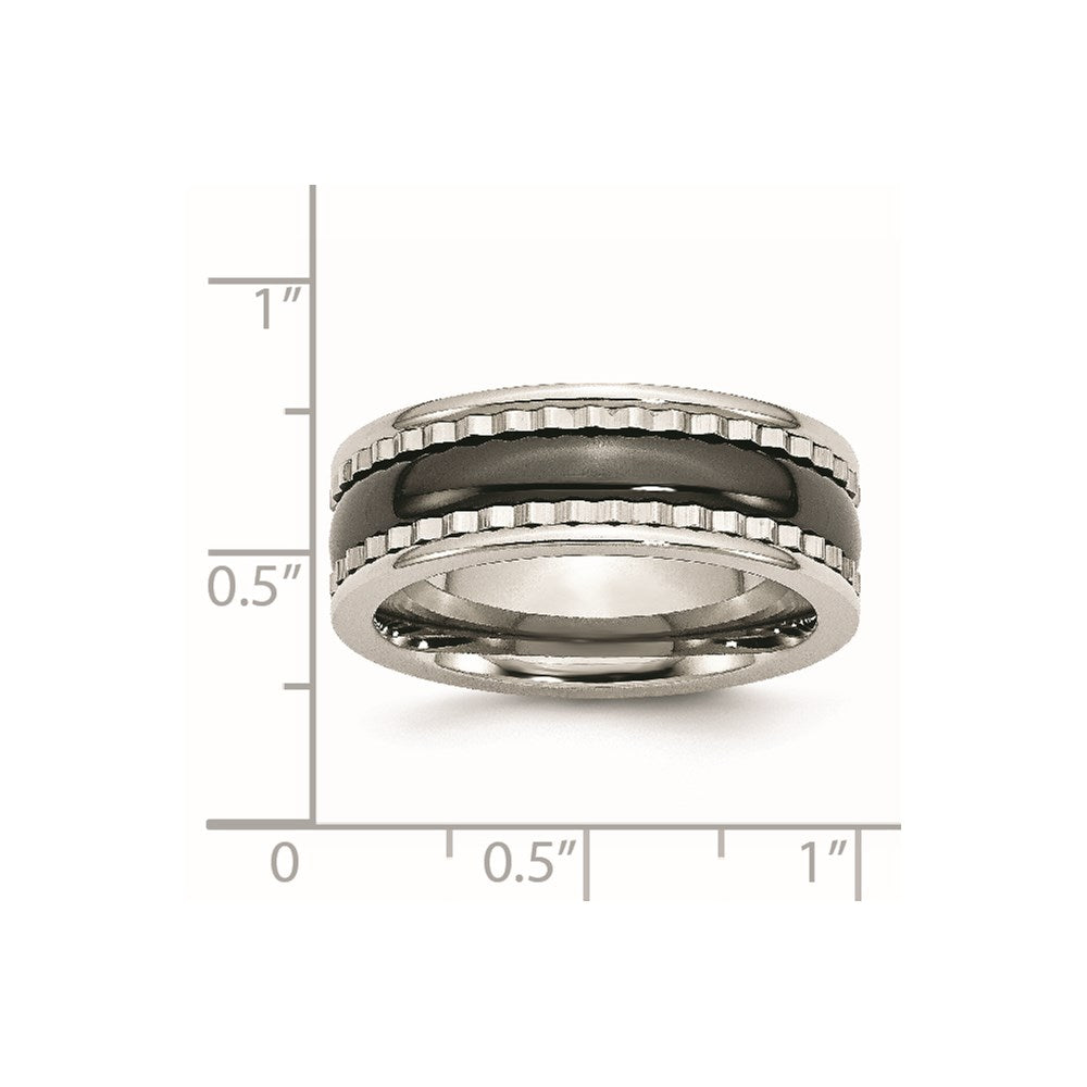 Stainless Steel With Sawtooth Accent & Black Ceramic Center Band