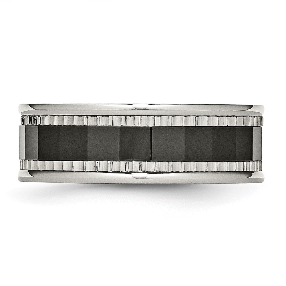 Stainless Steel Sawtooth Accent/Black Ceramic Center Faceted Band