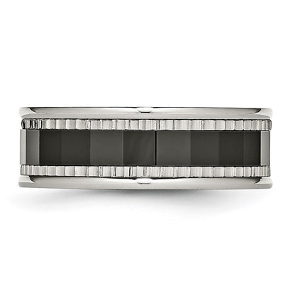 Stainless Steel Sawtooth Accent/Black Ceramic Center Faceted Band