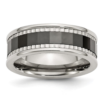 Stainless Steel Sawtooth Accent/Black Ceramic Center Faceted Band