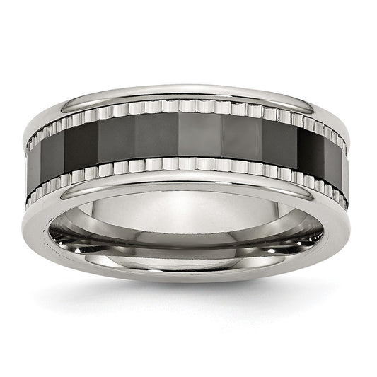 Stainless Steel Sawtooth Accent/Black Ceramic Center Faceted Band