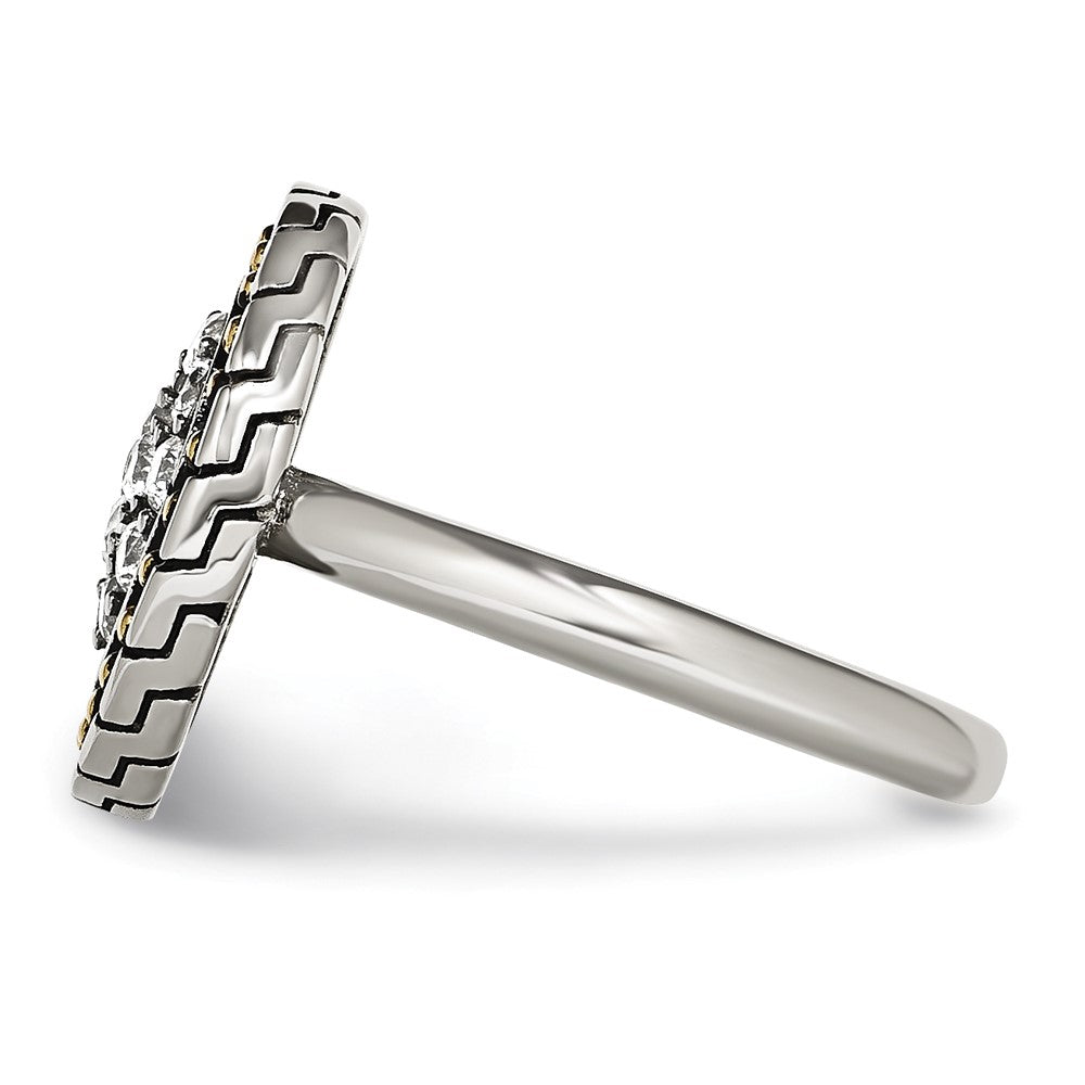 Stainless Steel Cz With Yellow Ip Plated Accent Antiqued Ring