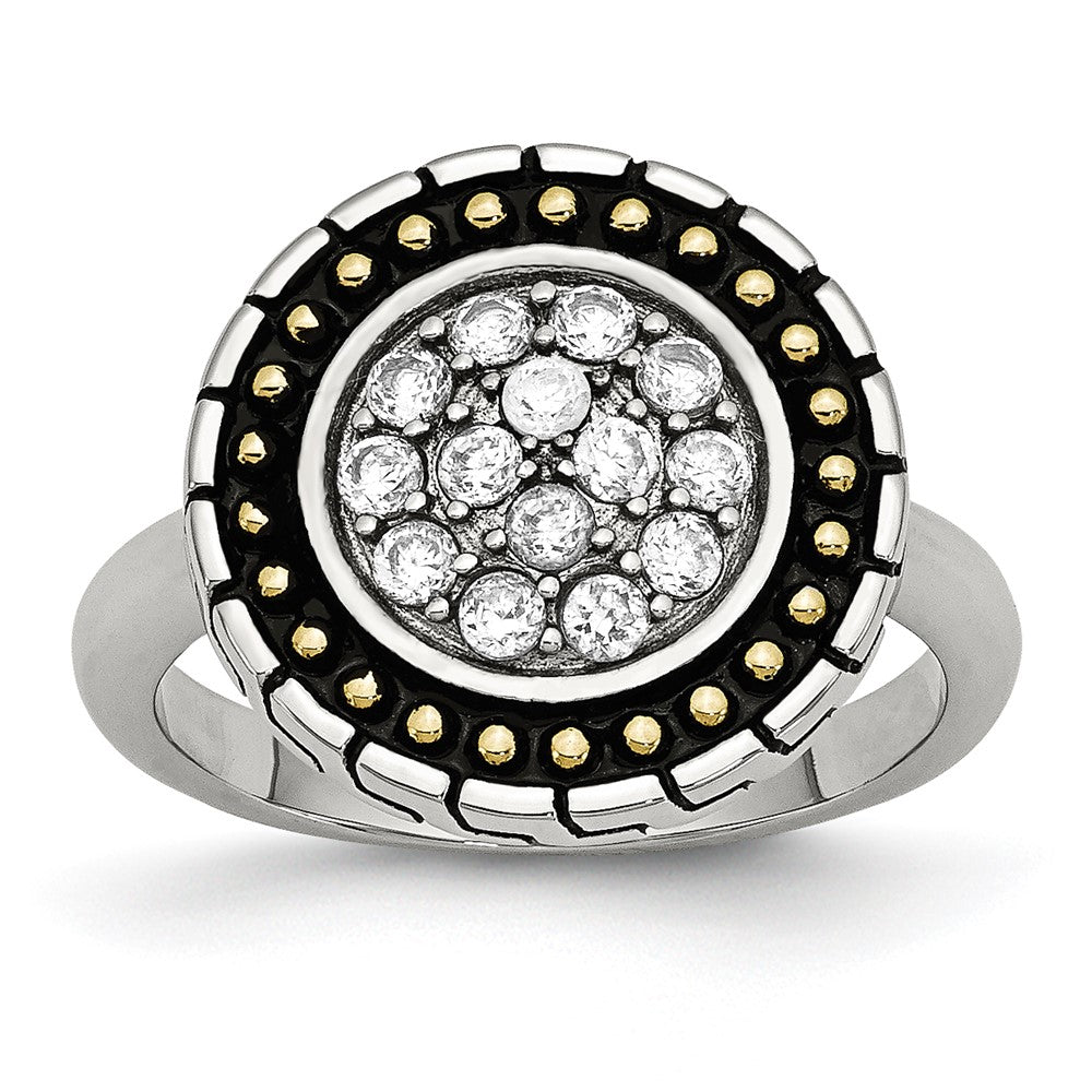 Stainless Steel Cz With Yellow Ip Plated Accent Antiqued Ring