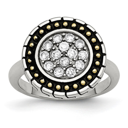 Stainless Steel Cz With Yellow Ip Plated Accent Antiqued Ring