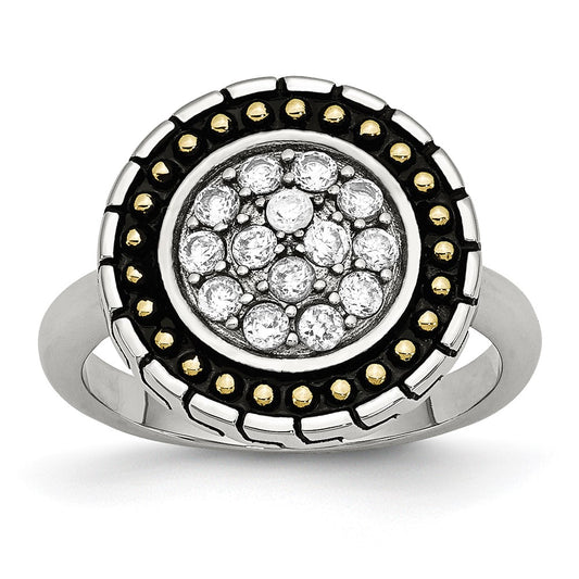Stainless Steel Cz With Yellow Ip Plated Accent Antiqued Ring