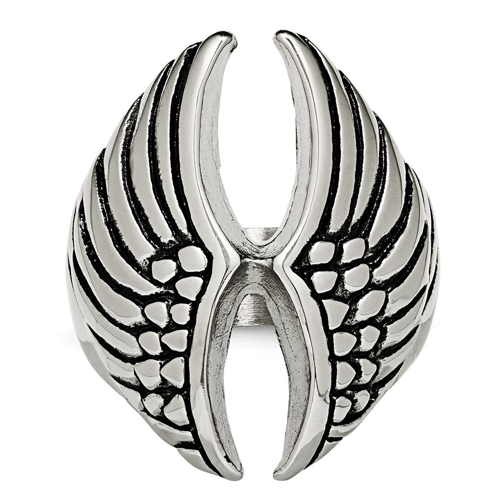 Stainless Steel Polished And Antiqued Wings Ring