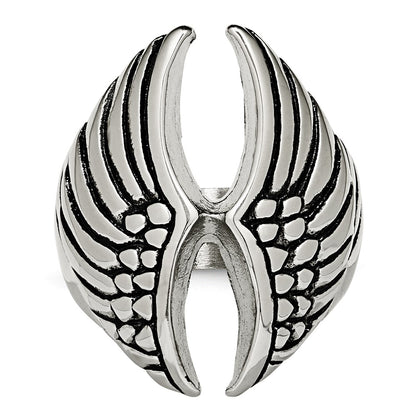 Stainless Steel Polished And Antiqued Wings Ring