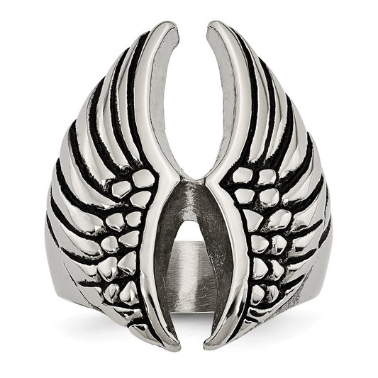 Stainless Steel Polished And Antiqued Wings Ring