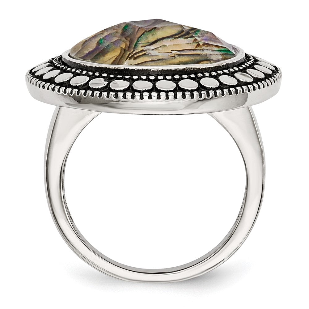 Stainless Steel Antiqued And Polished Imitation Abalone Ring