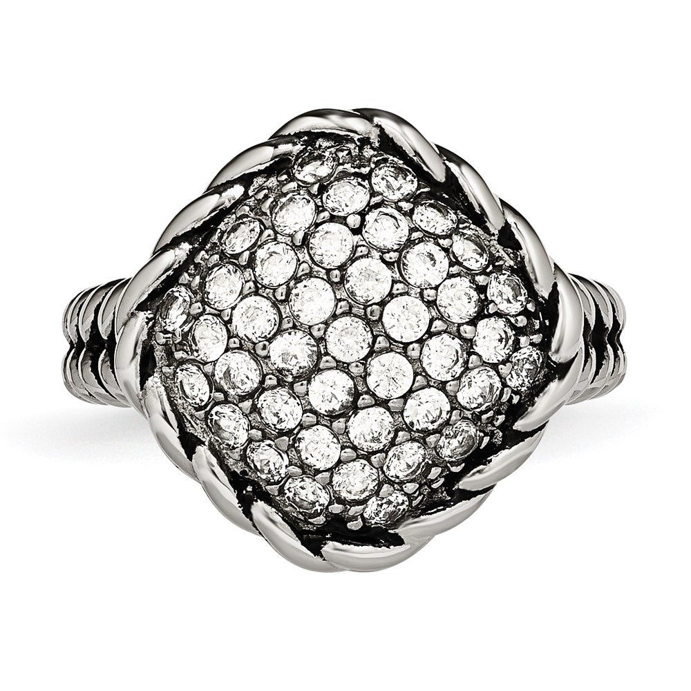 Stainless Steel Polished And Antiqued Cz Square Ring