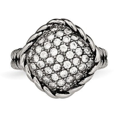 Stainless Steel Polished And Antiqued Cz Square Ring