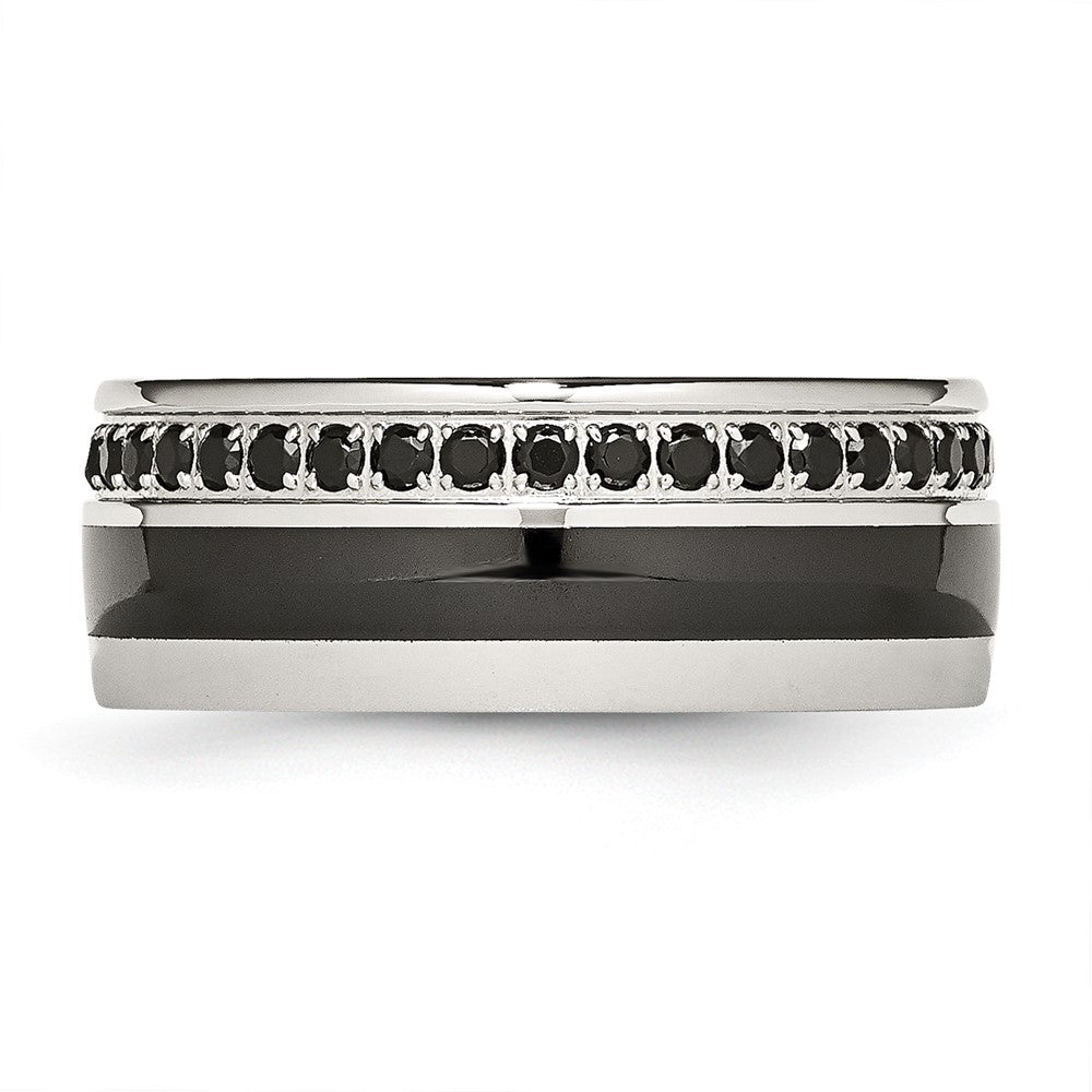 Stainless Steel Polished Black Ceramic Inlay Cz 9mm Band