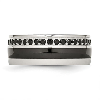 Stainless Steel Polished Black Ceramic Inlay Cz 9mm Band