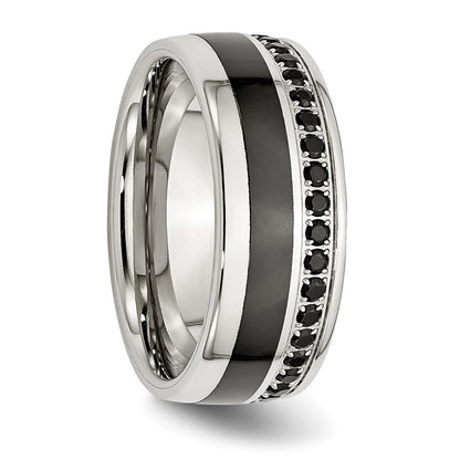 Stainless Steel Polished Black Ceramic Inlay Cz 9mm Band