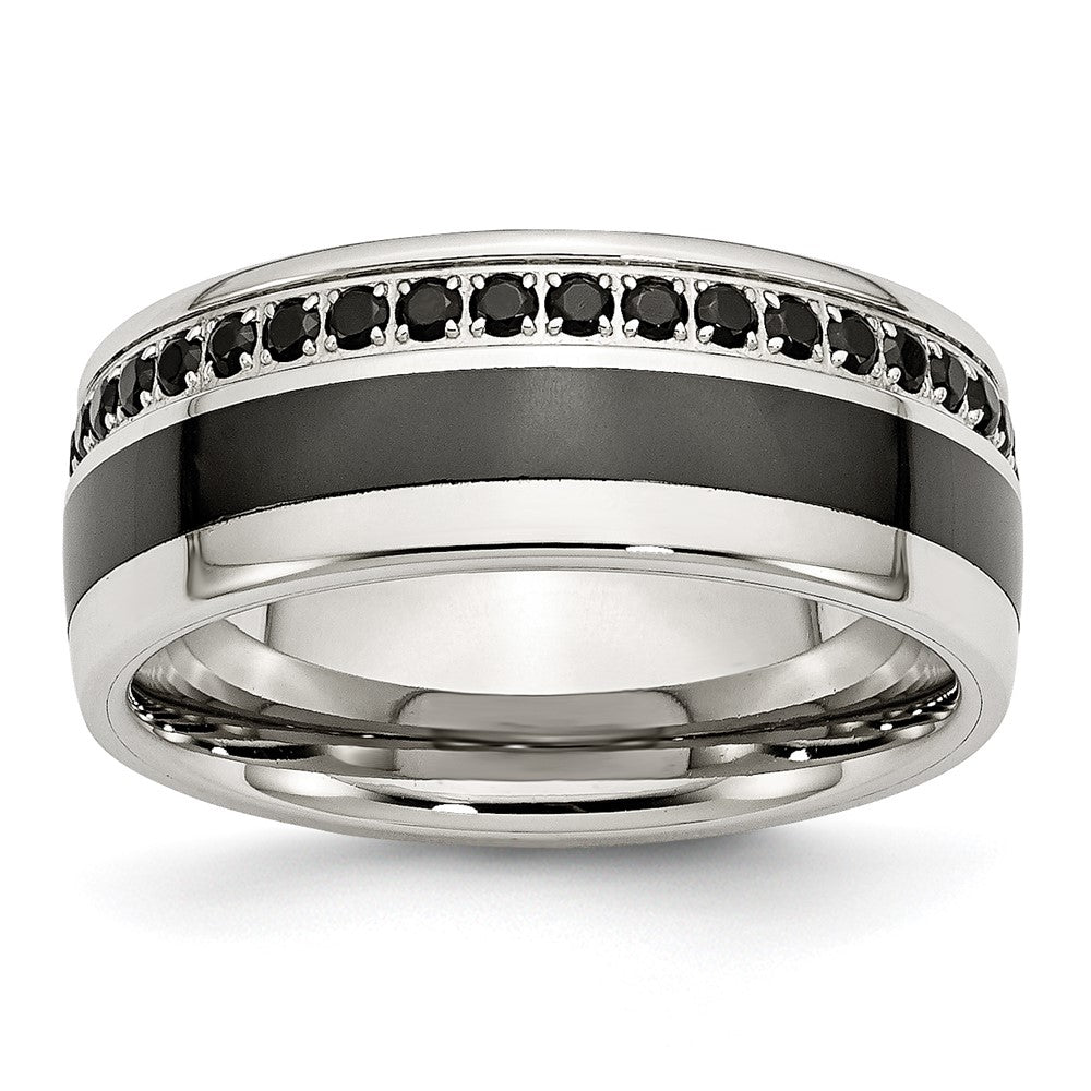 Stainless Steel Polished Black Ceramic Inlay Cz 9mm Band