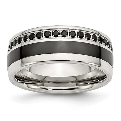 Stainless Steel Polished Black Ceramic Inlay Cz 9mm Band