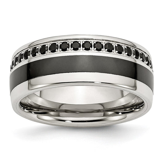 Stainless Steel Polished Black Ceramic Inlay Cz 9mm Band