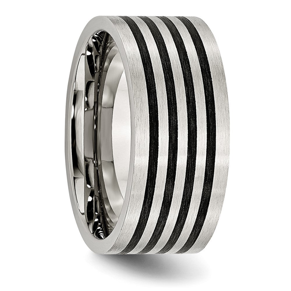 Stainless Steel Brushed Black Rubber Stripes 10mm Flat Band
