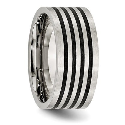 Stainless Steel Brushed Black Rubber Stripes 10mm Flat Band