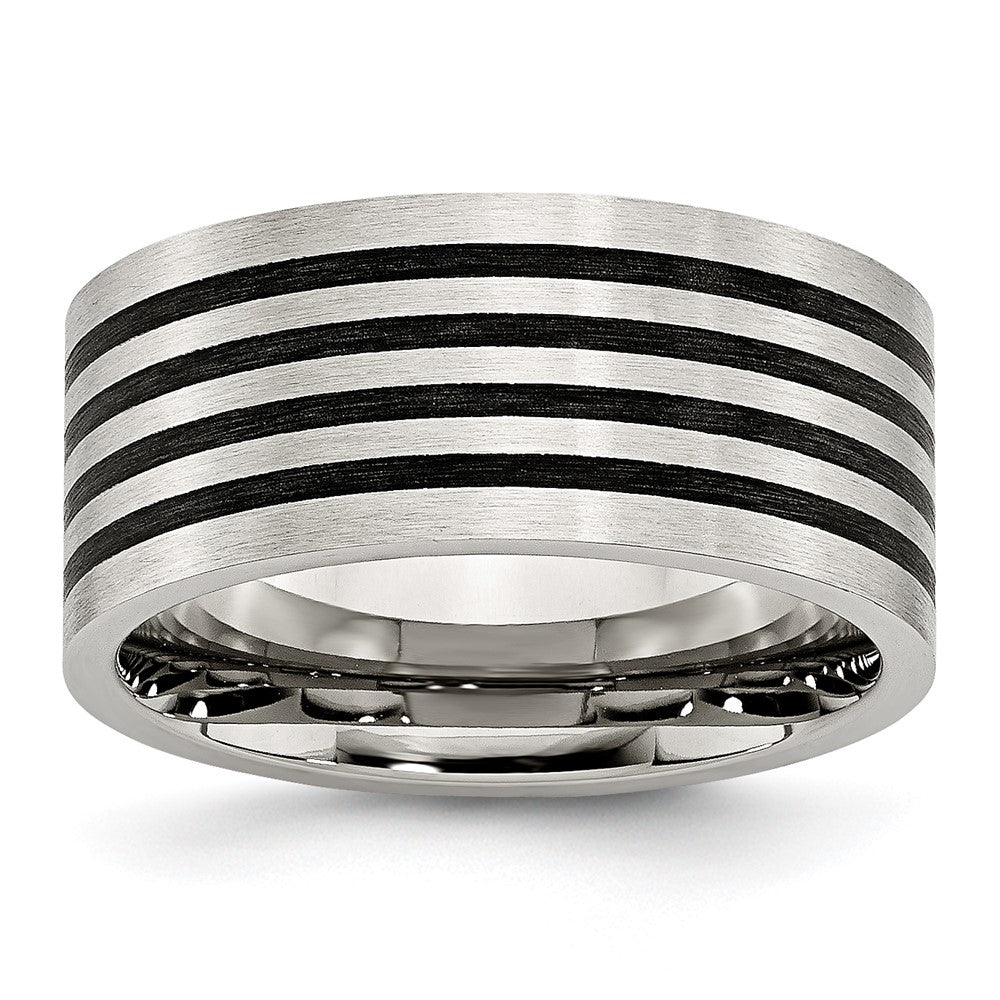 Stainless Steel Brushed Black Rubber Stripes 10mm Flat Band