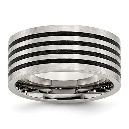 Stainless Steel Brushed Black Rubber Stripes 10mm Flat Band