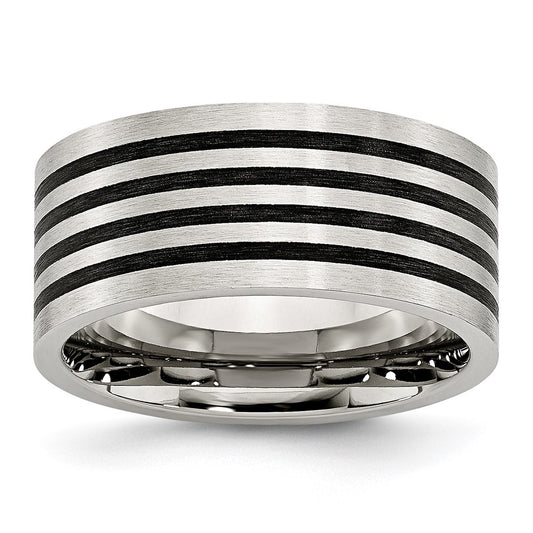 Stainless Steel Brushed Black Rubber Stripes 10mm Flat Band