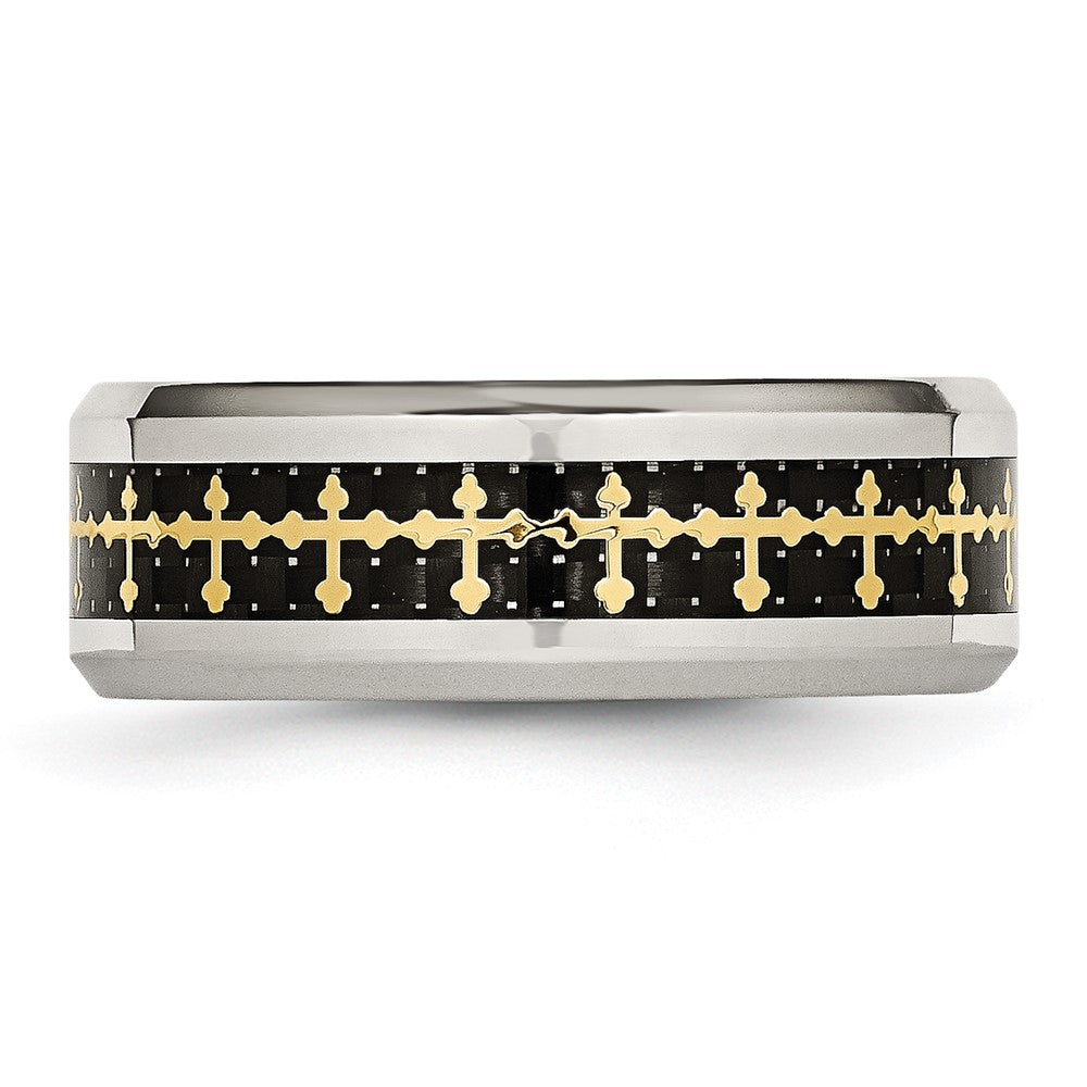 Stainless Steel Polished Yellow Ip Carbon Fiber Inlay Cross 8mm Band