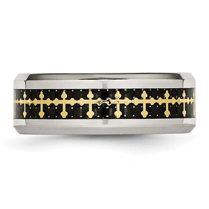 Stainless Steel Polished Yellow Ip Carbon Fiber Inlay Cross 8mm Band