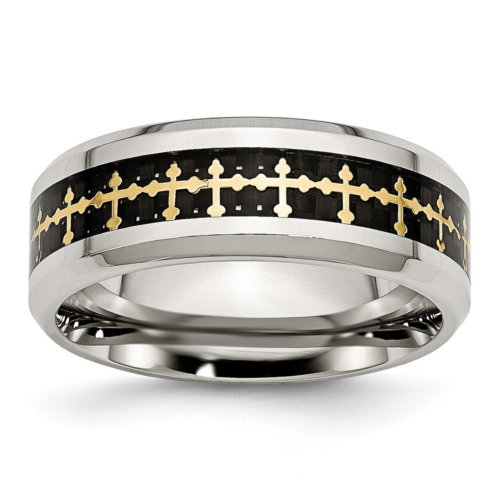 Stainless Steel Polished Yellow Ip Carbon Fiber Inlay Cross 8mm Band
