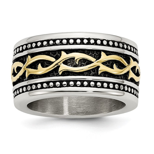 Stainless Steel Antiqued And Polished Yellow Ip Plated 13.25mm Band