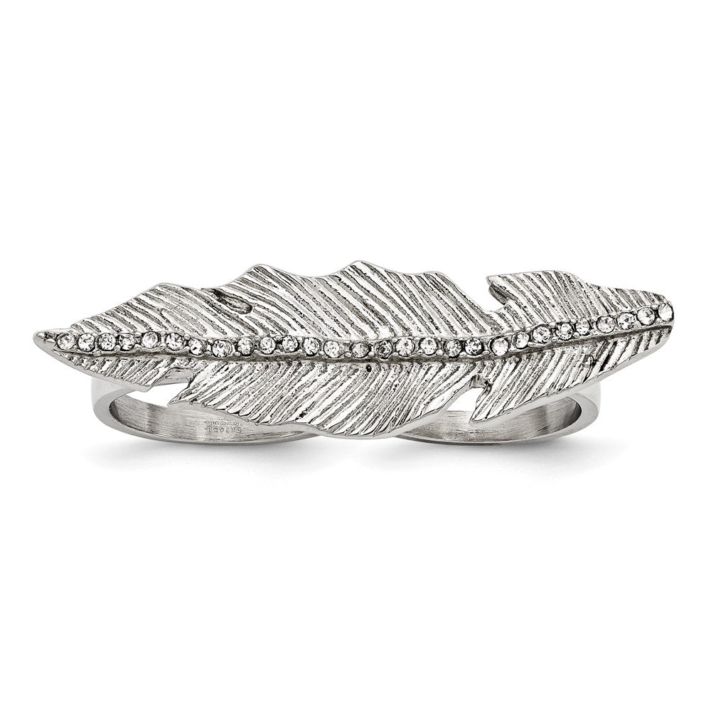 Stainless Steel Polished&Antiqued Leaf Two Finger Crystal Ring