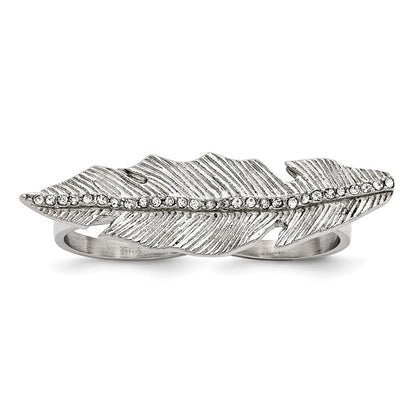 Stainless Steel Polished&Antiqued Leaf Two Finger Crystal Ring