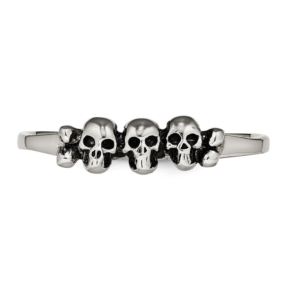 Stainless Steel Polished & Antiqued Two Finger Skulls Ring
