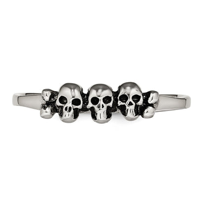Stainless Steel Polished & Antiqued Two Finger Skulls Ring