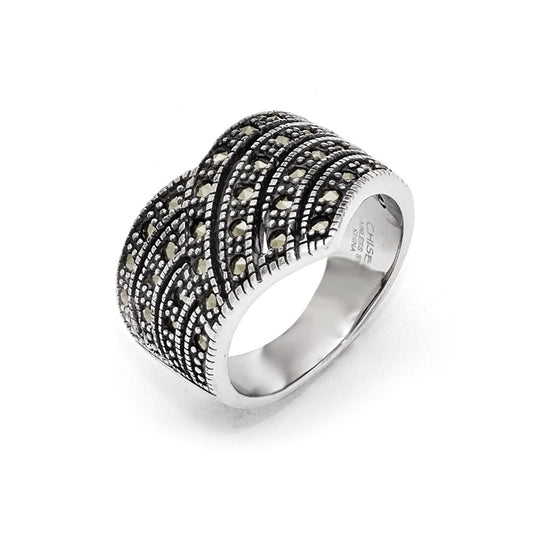 Stainless Steel Polished And Antiqued Marcasite Ring