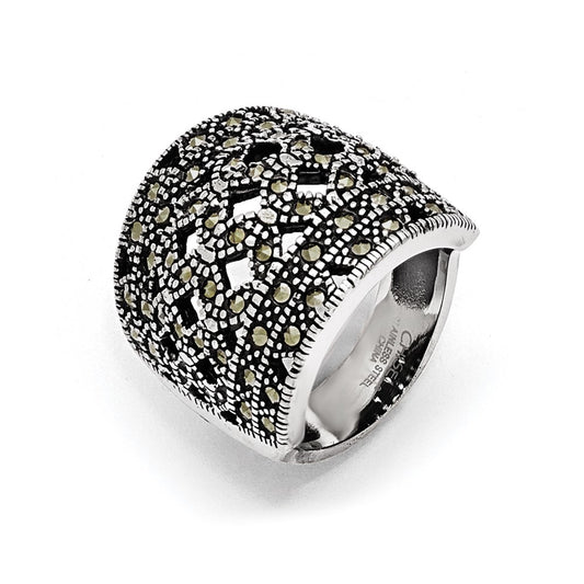 Stainless Steel Polished And Antiqued Marcasite Ring