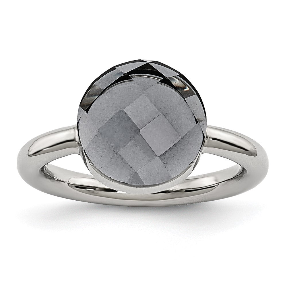 Stainless Steel Polished Grey Glass Ring (Size 5 Only)