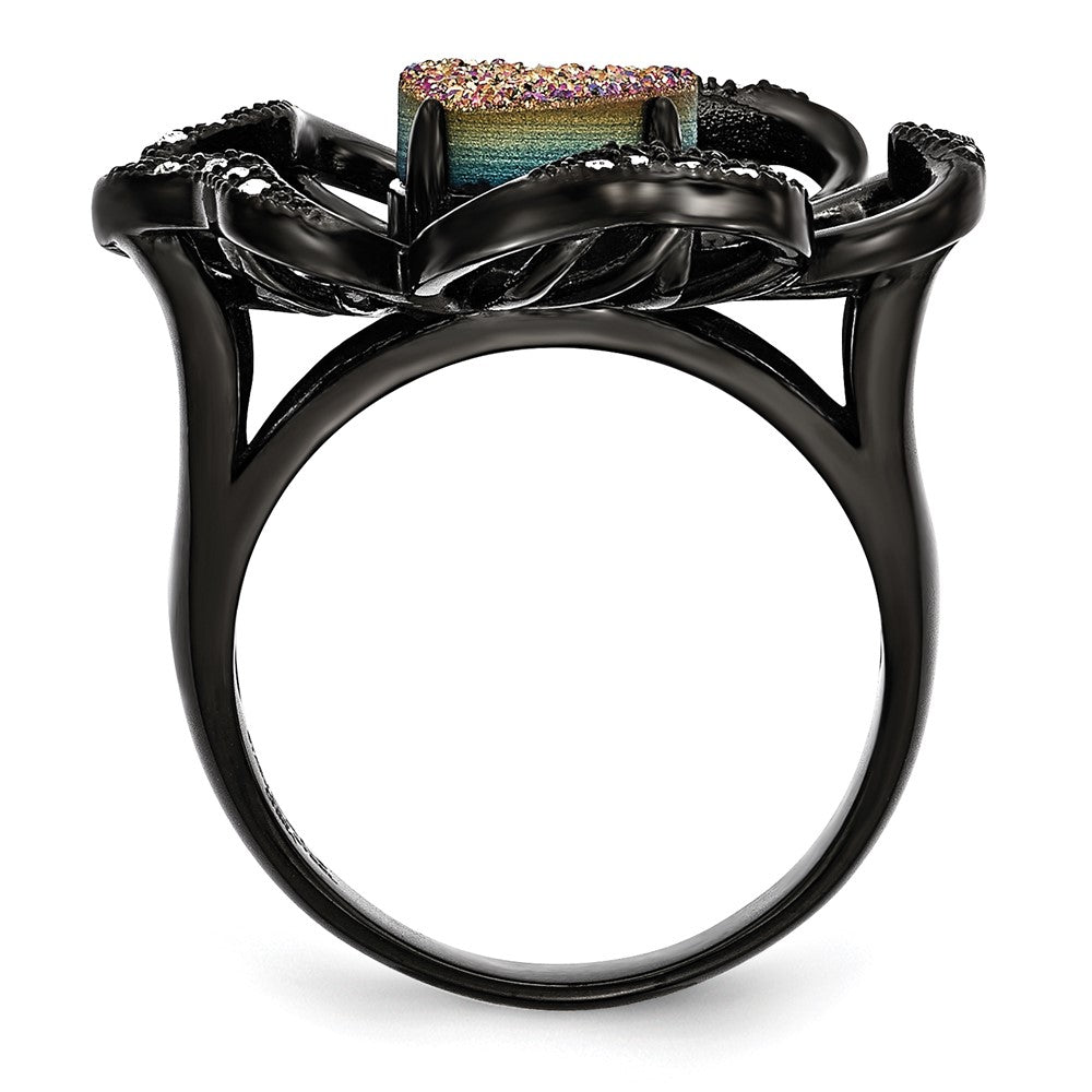 Stainless Steel Polished Black Ip Plated Druzy And Crystal Ring