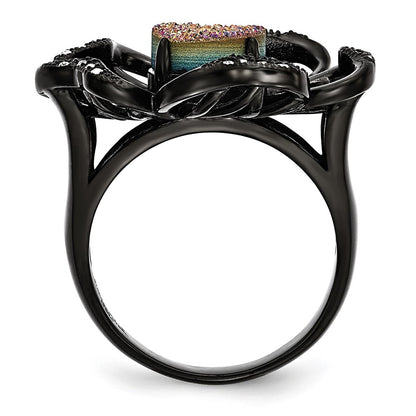 Stainless Steel Polished Black Ip Plated Druzy And Crystal Ring