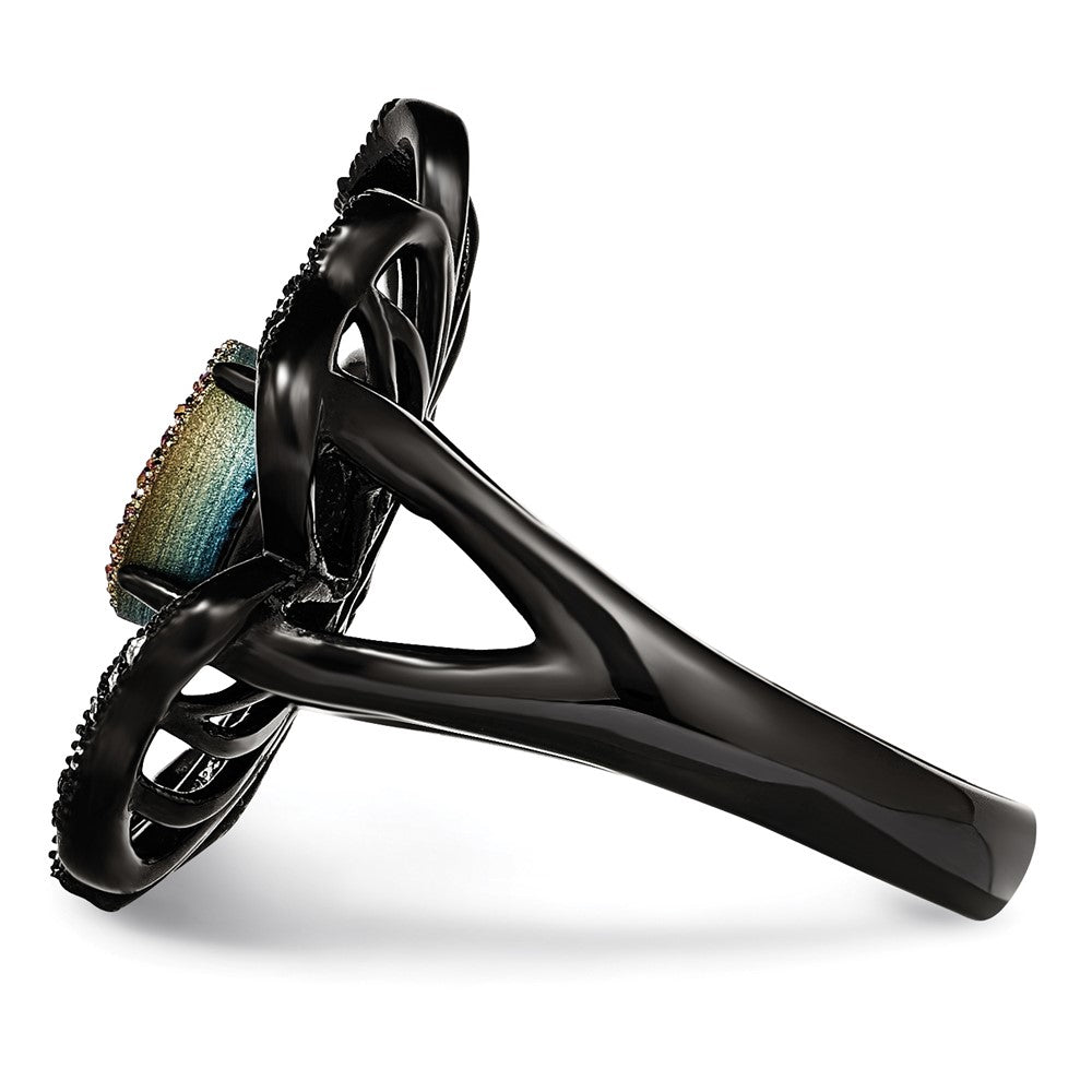 Stainless Steel Polished Black Ip Plated Druzy And Crystal Ring