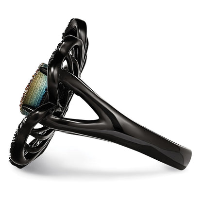 Stainless Steel Polished Black Ip Plated Druzy And Crystal Ring