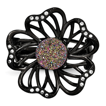 Stainless Steel Polished Black Ip Plated Druzy And Crystal Ring