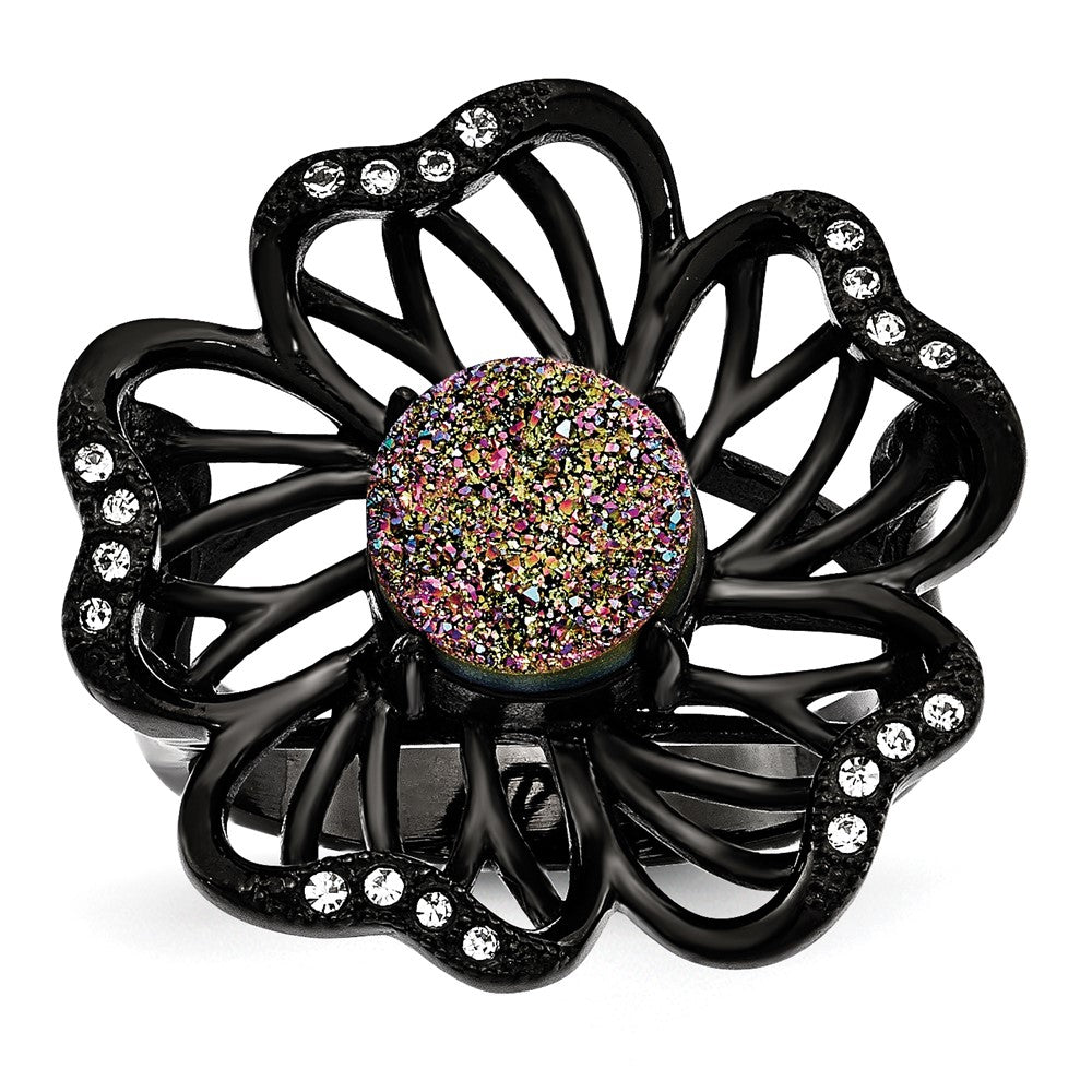 Stainless Steel Polished Black Ip Plated Druzy And Crystal Ring