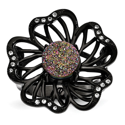 Stainless Steel Polished Black Ip Plated Druzy And Crystal Ring