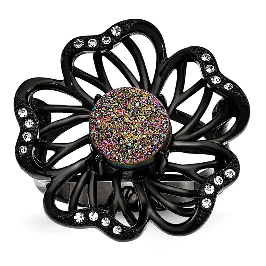 Stainless Steel Polished Black Ip Plated Druzy And Crystal Ring