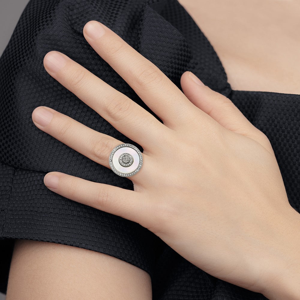 Stainless Steel Polished Mother Of Pearl/Druzy Quartz And Crystal Ring