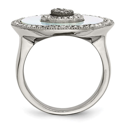 Stainless Steel Polished Mother Of Pearl/Druzy Quartz And Crystal Ring