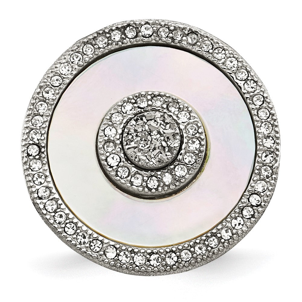 Stainless Steel Polished Mother Of Pearl/Druzy Quartz And Crystal Ring